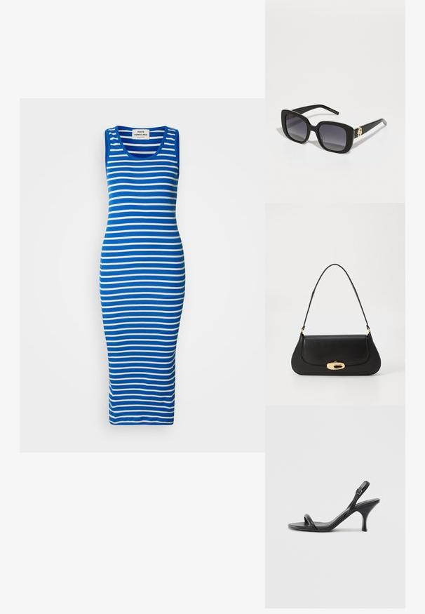 Blå og hvit stripete tankkjole i en tettsittende design. Laget av et elastisk stoff med rund hals og en lang, rett hem.; Sorte skinnhøye hæler med en slank, buet hæl og et kryssrem-design. Justerbar ankelrem. Glatt tekstur.; BOSS Solbriller - black; Svart lærveske med en buet design, gullfarget hardware og et håndtak på toppen. Har en elegant lukking og glatt tekstur.