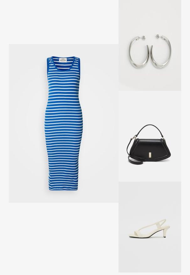 Gestreift in Blau und Weißes Tankkleid in einer figurbetonten Passform. Hergestellt aus einem dehnbaren Stoff mit einem Rundhalsausschnitt und einem langen, geraden Saum.; Beige Blockabsatzsandalen mit dünnen Riemen und quadrater Spitze. Glattes Material mit minimalem Design, entworfen für einfaches Tragen.; Schwarze Lederhandtasche mit einem strukturierten Design, das eine verkürzte Form, einen oberen Griff und goldfarbene Hardware-Details aufweist. Verstellbarer Schulterriemen ist enthalten.; Silberne Creolen mit einem glatten, geschwungenen Design. Mit einem glänzenden metallischen Finish und Steckverschluss. Keine sichtbaren Muster oder Akzente.