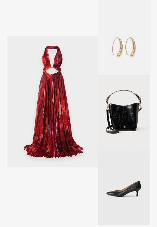 Rochie halter cu flori roșii, din material plisat, cu decupaj la talie, detaliu în formă de cheie și fustă fluidă. Prezintă un model viu de bujori.; Pantofii din piele neagră au vârful ascuțit, toc mic și o textură netedă. Au o deschidere ușoară în față și un hardware minim în spate.; Geantă din piele cu embossare croc neagră, cu o formă curbată, accente din metal aurit, curea ajustabilă și un detaliu cu logo în față.; Cercei din metal auriu, cu un design curbat și alungit. Au o suprafață netedă și strălucitoare, cu un vârf rotunjit pentru un detaliu suplimentar.