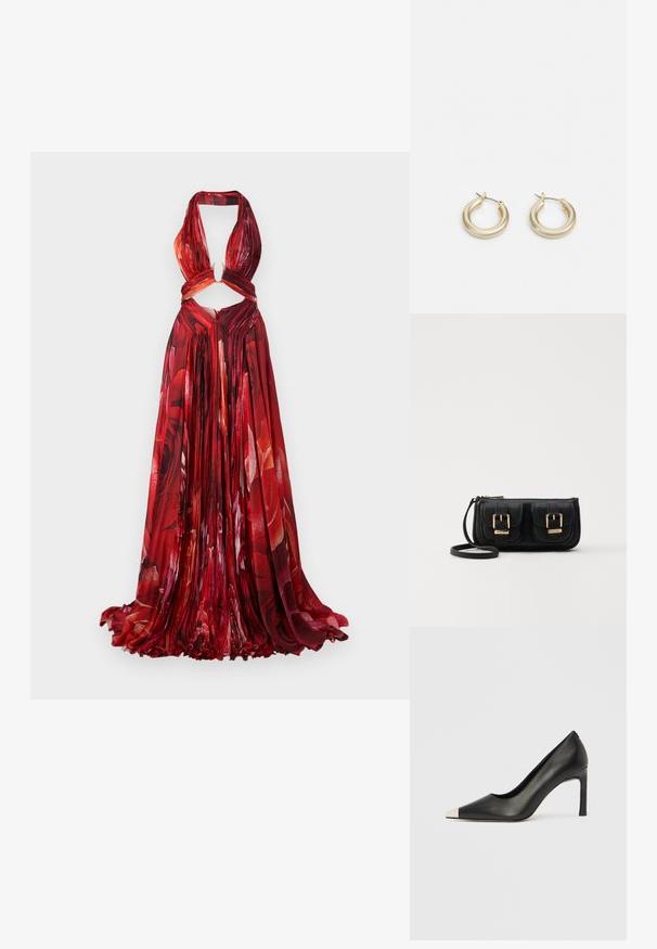 Punane lilleline halterkleit volditud kangaga, lõikega vöökohal, avaga seljal ja voolava seelikuosa. Omab elavaid rooside mustreid.; Mustast nahast kõrge kontsaga king terava varba ja metallik hõbedase otsikuga. Iseloomustab sile viimistlus ja sihvakas 10 cm konts.; Must küllastamata nahast õlakott, millel on kaks esist nähtavat taskut, kuldsed pandlad, tõmblukuga sulgemine ja peen rihm. Tekstuuriga pind ja kompaktne ristkülikukujuline kuju.; Lauren Ralph Lauren BASIC SMALL HOOP - Kõrvarõngad - gold-coloured
