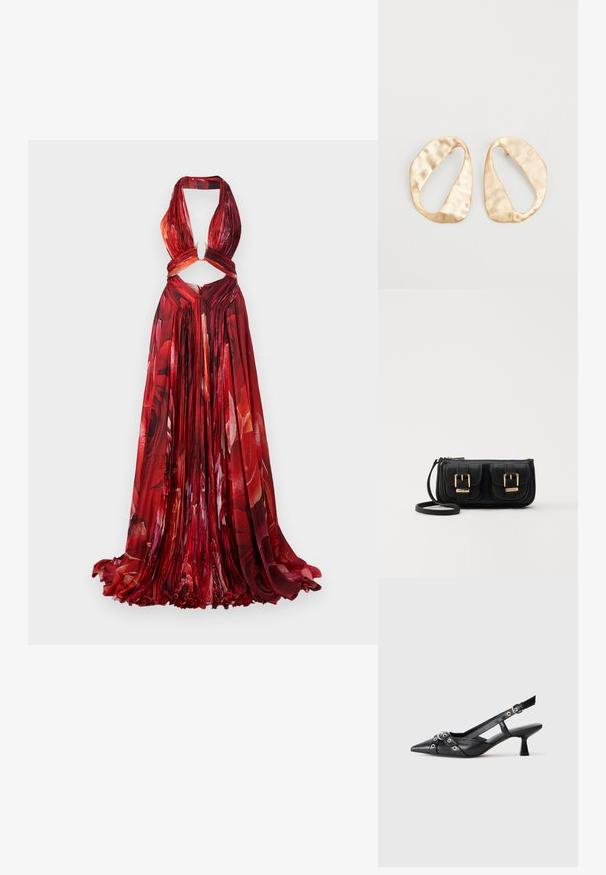 Raudona gėlių halterio suknelė su klostuotu audiniu, išpjovimu liemens vietoje, rakto skylutės detale ir vėjingu sijonu. Pabrėžia ryškias rožių formas.; Juodas odinis slingback tipo batai su smailiu priekiniu atvartu, dekoratyvinėmis sagtimis su metaliniais akyčiais ir žemu blokiniu kulnu. Saldus paviršius.; Juodas odinis per petį nešiojamas krepšys su dviem priekiniais kišenėmis, auksiniais sagtimis, užtrauktuko uždarymu ir siauromis petnešomis. Textūruota paviršius ir kompaktiškas stačiakampis formatas.; Nedidelis nereguliarus ovalo formos aukso tono metalinių auskarų pora su tekstūruota, šiek tiek kalta paviršiumi ant balto fono.