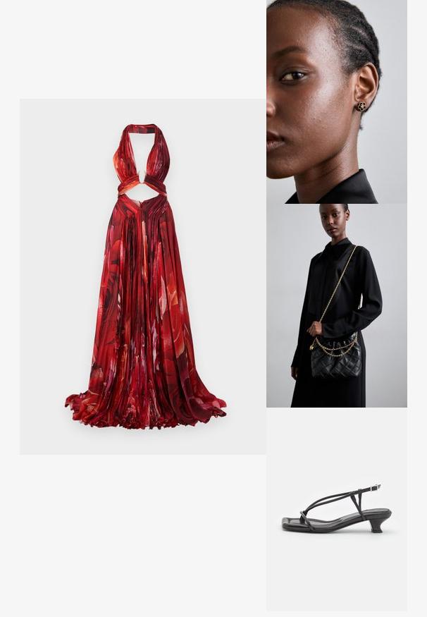 Punainen kukkakuosisella halterneck-mekolla, jossa on laskostettu kangas, leikkaus vyötäröllä, avainreiän yksityiskohta ja virtaava hame. Korostaa eloisia ruusukuoseja.; Musta nahkasandaali ohuilla remmeillä, matalalla lohkokannalla ja neliönmuotoisella varpaalla. Varustettu soljella ja sileällä pinnalla.; Mustakvadratisti nahkakäsine, jossa on kerätty yläosa, kultaketjuolkaimet ja suorakaiteen muotoinen rakenne, pidettyä yksinkertaista taustaa vasten.; Kultaiset kukkakorvakorut, joissa on teksturoitu musta keskus ja hienovaraiset yksityiskohdat. Mallin kirkas iho ja punotut hiukset näkyvät sivuprofiilissa.