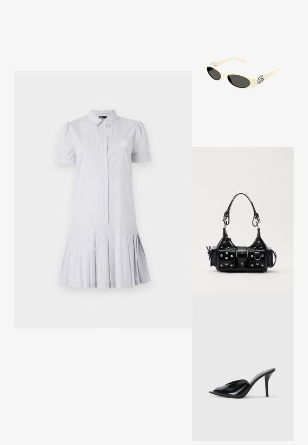 Sukienka w paski w jasnoniebieskim i białym kolorze, z krótkimi bufkami, guzikiem z przodu i plisowanym dołem. Zawiera małe haftowane logo na piersi.; Czarne skórzane mule na wysokim obcasie z odkrytym palcem, w szpiczastym designie, gładkiej teksturze i smukłym obcasie szpilce.; Okulary przeciwsłoneczne w kolorze kremowym z owalnymi soczewkami, czarnym przyciemnieniem i metalowymi logo na zausznikach. Gładka faktura, design w stylu kociego oka.; Czarna skórzana torebka w zakrzywionym kształcie, z srebrnymi ćwiekami, klamrą i dwoma bocznymi kieszeniami. Regulowany pasek umożliwiający różne opcje noszenia.
