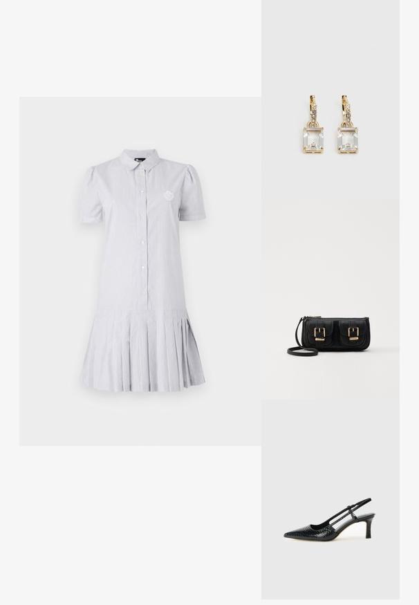 Rochie cămașă cu dungi în nuanțe de albastru deschis și alb, cu mâneci scurte tip bufant, închidere cu nasturi în față și tiv plisset. Prezintă un mic logo brodat pe piept.; Pantofi cu toc slingback negri din patent, cu vârf ascuțit, cu imprimeu de șarpe texturat, curea ajustabilă și toc scurt texturat.; Geantă neagră din piele, tip crossbody, cu două buzunare frontale, catarame aurii, închidere cu fermoar și o curea subțire. Suprafață texturată și formă rectangulară compactă.; Cercei aurii care prezintă un cristal clar, rectangular, suspendat sub un rând de accente mici, rotunde, clare. Design elegant și modern.