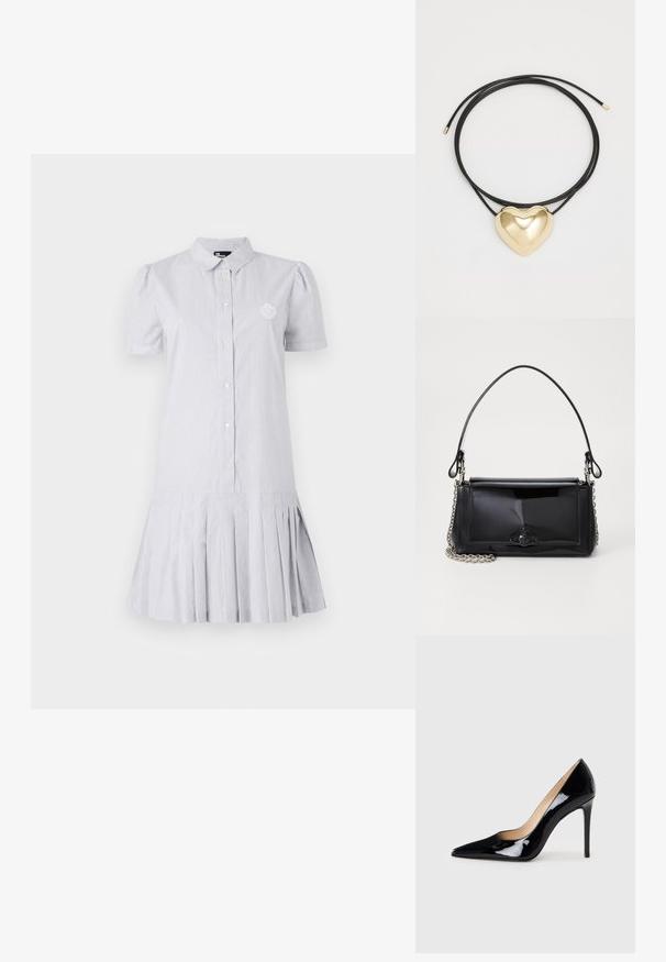 Gestreepte jurk in lichtblauw en wit, korte pofmouwen, knopen aan de voorkant en een geplooide zoom. Bevat een klein geborduurd logo op de borst.; Zwarte lakleren hoge hakpumps met een puntige neus en een slanke silhouet. Heeft een gladde, glanzende afwerking en een slanke stilettohak.; Zwart gepatineerd leren handtas met een rechthoekige vorm, kettingband en een opvallend hardwareaccent in het midden. Gladde textuur.; Zwarte gevlochten koordketting met een gepolijste gouden hartbedel met zachte lijnen en een glanzende afwerking.