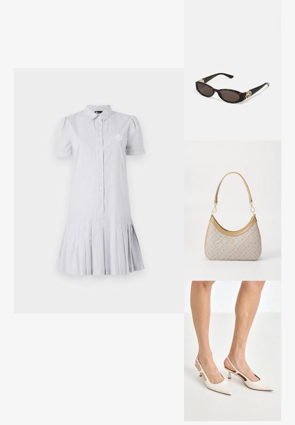 Gestreiftes Hemdkleid in Hellblau und Weiß, kurze Puffärmel, Knopfverschluss vorne und gefälteter Saum. Verfügt über ein kleines gesticktes Logo auf der Brust.; Beige Lackleder Slingback-Absätze mit spitzem Fuß und 5 cm Absatz, mit ausgeschnittenen Seiten und einem schmalen Knöchelriemen.; Schildpatt-Sonnenbrille mit länglich-ovalen Gläsern, braunem Farbton, goldenen Logo-Akzenten an den Bügeln und schlanken schwarzen Bügeln.; Beige gemusterte Handtasche mit geschwungener Form, Lederakzenten und einem goldfarbenen Logo auf der Vorderseite. Verfügt über einen kurzen Griff für einfaches Tragen.; Perlen- und Kristallhalskette mit einem runden, perlenbesetzten Design in sanften Farbtönen, das abwechselnd Perlen und funkelnde Akzente zeigt, um den Hals getragen.
