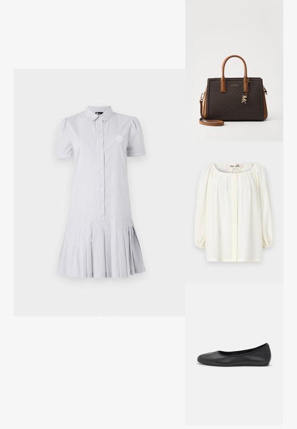 Dryžuota šviesiai mėlyna ir balta suknelė, trumpomis pūkuotomis rankovėmis, mygtukų užsegimu ir klostuotu sijonu. Pridėtas mažas siuvinėjimas su logotipu ant krūtinės.; Balta palaidinė su apvaliu iškirpimu, suklijuotu priekiu ir trigubomis pūstomis rankovėmis. Pagaminta iš lengvos medžiagos su švelniu paviršiumi.; Juodai odiniai baletai su apvaliu pirštu, lygi texture, minimalus siuvimo detales ir lanksčiu padų dizainu.; Ruda odinė rankinė su monogramų raštu, dviem viršutinėmis rankenomis, nuimama petneša, auksinės spalvos furnitūra ir logotipų pakabuku.