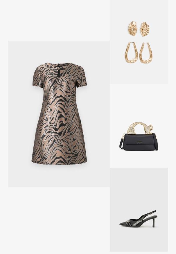 Trumpas rankovės suknelė, pagaminta iš metalizuoto bronzinio audinio su juodais tigro dryžiais ir subtiliu raktų skylutės detalėmis nugarėlėje.; Juodas lakuotas odinis batelis su smailiu pirštu, kulkšnies dirželiais su sidabrinėmis sagtimis ir detalėmis, bei plonu kulnu.; Juodas odinis rankinukas su auksine katės formos rankena, turintis priekinę atvartą, reguliuojamą diržą ir logotipo detalę apatiniame priekyje.; Auksinės auskarai, turintys tekstūruotus, bangų formos elementus. Įeina skulptūriniai segami auskarai ir atviri lankai su išmuštu paviršiumi.