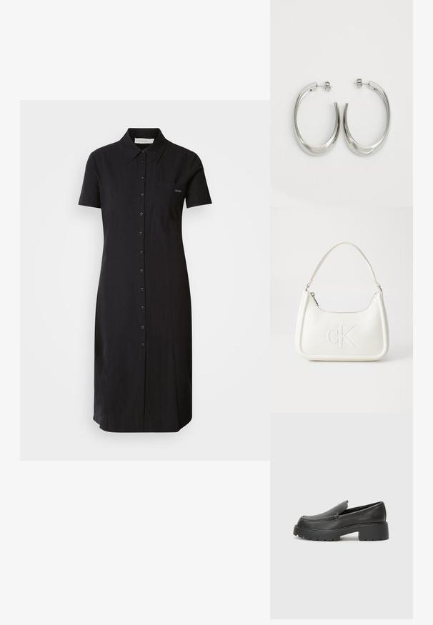 Μαύρο φόρεμα κοντομάνικο με γιακά, μπροστινό κλείσιμο με κουμπιά και μικρή τσέπη στο στήθος. Φτιαγμένο από υφασμάτινη ύφανση.; Μαύρα δερμάτινα loafers με στρογγυλή μύτη, χοντρή υφή σόλας και ελάχιστες ραφές. Κομψός σχεδιασμός χωρίς ορατά κορδόνια ή μεταλλικά στοιχεία.; Λευκή δερμάτινη τσάντα χειρός με καμπυλωτό σχήμα, διαθέτει ανάγλυφο λογότυπο "CK" μπροστά και μία ενιαία λαβή ώμου. Κλείσιμο με φερμουάρ στην κορυφή.; Ασημένια σκουλαρίκια κρίκοι με μαλακή, καμπυλωτή σχεδίαση. Διαθέτουν γυαλιστερή μεταλλική υφή και κλείσιμο με σφίγγα. Χωρίς ορατά μοτίβα ή διακοσμήσεις.