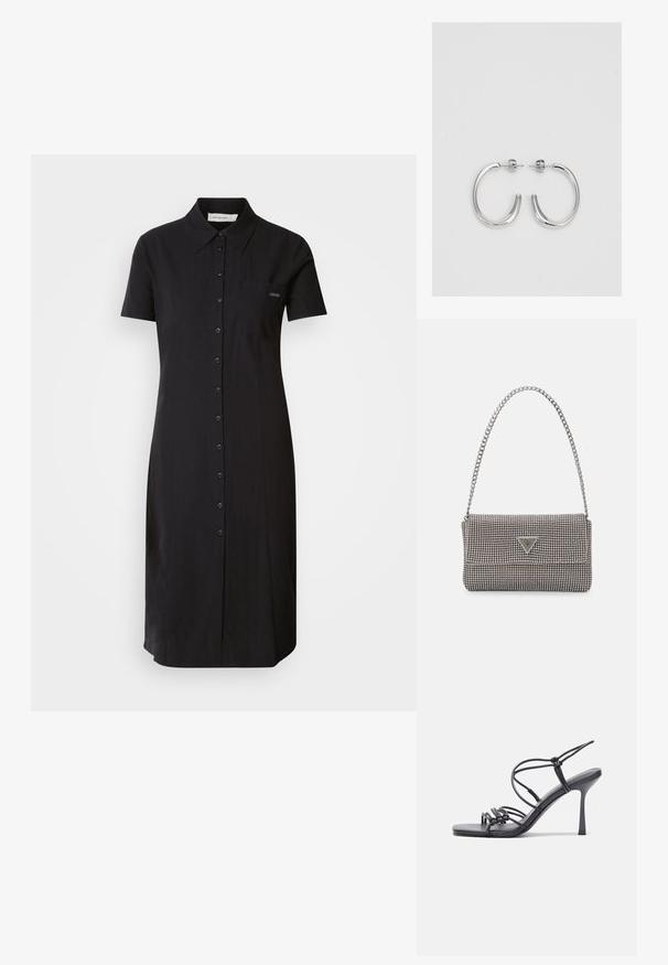 Vestido preto de manga curta com colarinho, fecho frontal de botão e um pequeno bolso no peito. Feito em tecido texturizado.; As sandálias de salto alto pretas apresentam tiras finas com um design em nó, uma biqueira quadrada lisa e um elegante salto agulha.; Bolsa metálica cinza claro com uma alça de corrente, adornada com pequenos rebites metálicos circulares e um logótipo triangular da marca.; Brincos de argola prateados com um acabamento suave e brilhante. Forma arredondada, design leve, com fecho de pino.