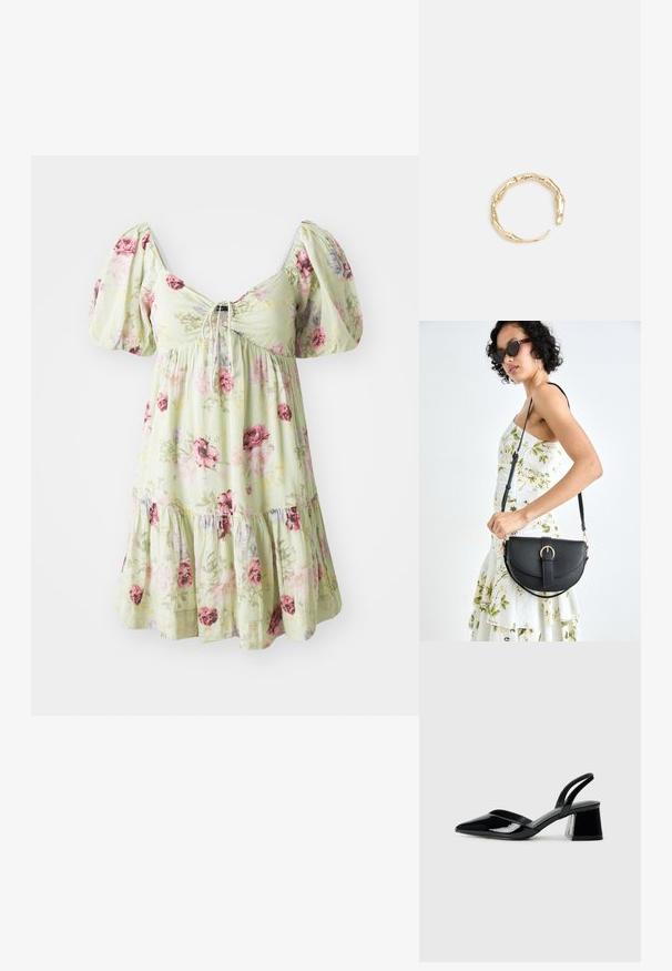 Ziedu kleita gaisā zaļā audumā ar puff sleeve, savelktu krūšdaļu un kārtotu svārku, rotāta ar rozā un violetām rozēm.; Melna lakota āda ar atvērto papēdi, ar smailu purngalu un ģeometrisku blokpapēdi. Iezīmējas elegants, minimāls dizains un gluda tekstūra.; Melnas ādas rokassoma ar izliekta formu, noņemamu siksnu un zelta aksesuāriem. Somai ir vāciņš ar sprādzes detaļu.; Zelta toņa gredzens ar organisku, vērptu dizainu, gludu virsmu un sašaurinātiem galiem, radot mūsdienīgu, skulpturālu izskatu.