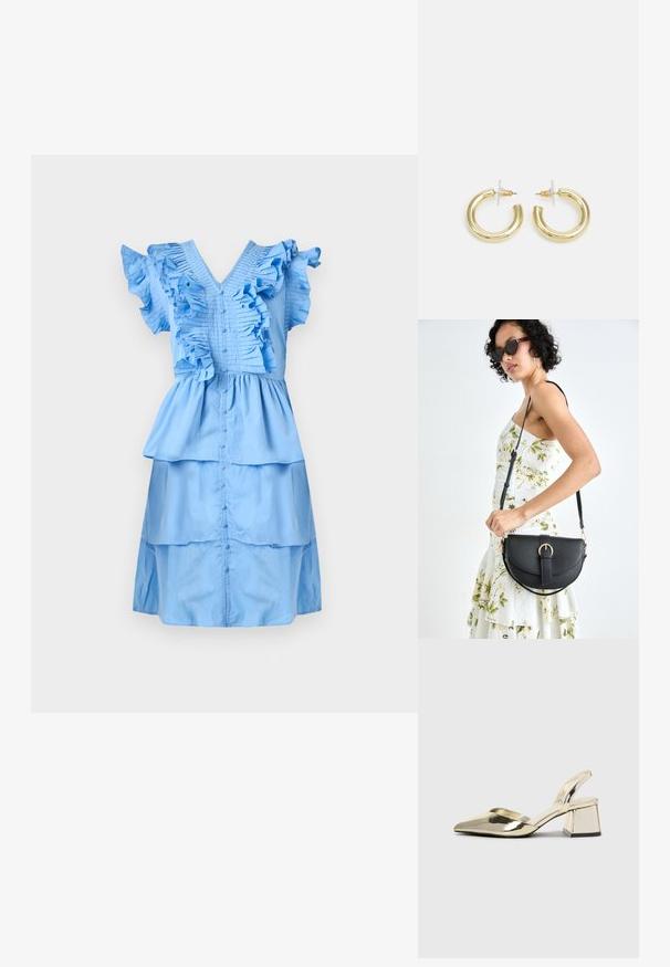 A világoskék ruha fodros ujjal és réteges kialakítással rendelkezik. A bodice és az alján redőzött textúra borítja. Puha anyagú felület.; Arany, fémből készült slingback sarkú cipők hegyes orral és vastag sarokkal. Simaság, minimalista design és keskeny pánt jellemzi.; Fekete bőrtáska ívelt formával, levehető pánttal és arany színű fémrészekkel. A táskán egy csattal díszített fedél található.; Arany fülbevalók sima, fényes felülettel. Kör alakú dizájn, amely kis kapoccsal és átlátszó tartozékkal rendelkezik a biztonságos viselés érdekében.