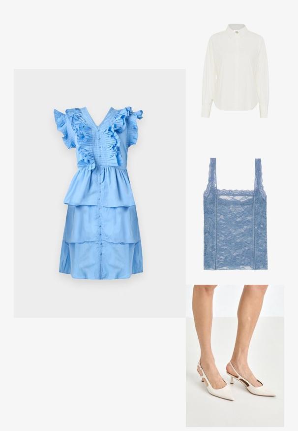A világoskék ruha fodros ujjal és réteges kialakítással rendelkezik. A bodice és az alján redőzött textúra borítja. Puha anyagú felület.; Világoskék csipkés ujjatlan felső vékony pántokkal, fodros csipke díszítéssel és virágmintával, amely a body-hugging sziluettet hangsúlyozza.; Fehér, klasszikus galléros, gombos ing, hosszú ujjaival és laza szabással. Könnyű anyagból készült, sima textúrával.; Beige patent bőr slingback magassarkúk hegyes orral és 5 cm-es sarokkal, kivágott oldalakkal és vékony bokapánttal.