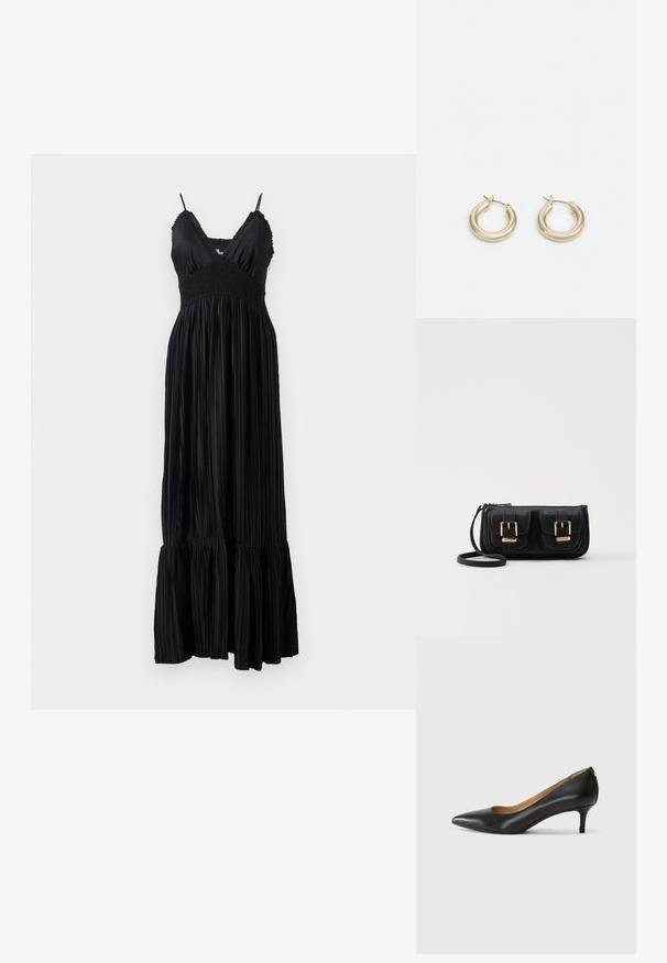 Svart maxi-kjole med justerbare spaghettistropper, med en smocket overdel og plisserte stoffer, avsluttet med en volangkant.; Sorte lærpumpe med spiss tå, lav hæl og en glatt tekstur. Har en liten åpning foran og minimalt med beslag bak.; Svart skinn crossbody veske med to frontlommer, gyldne spenner, glidelåslukking og en slank stropp. Teksturert overflate og kompakt rektangulær form.; Lauren Ralph Lauren BASIC SMALL HOOP - Øredobber - gold-coloured