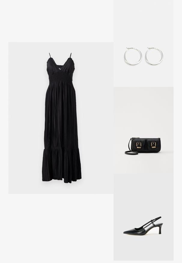 Rochie maxi neagră cu bretele subțiri ajustabile, având un corset plisat și țesătură pliată, terminată cu un tiv volant.; Pantofi cu toc slingback negri din patent, cu vârf ascuțit, cu imprimeu de șarpe texturat, curea ajustabilă și toc scurt texturat.; Geantă neagră din piele, tip crossbody, cu două buzunare frontale, catarame aurii, închidere cu fermoar și o curea subțire. Suprafață texturată și formă rectangulară compactă.; Cercei rotunzi din argint prezintă un design neted și rotunjit, cu un profil subțire și un sistem de prindere sigur. Stil minimalist cu un finisaj lucios.