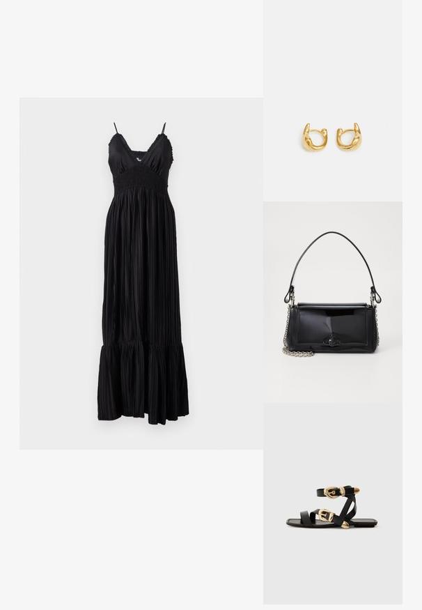Mustmustel must kleit reguleeritavate spagettirihmadega, smockitud bodiciga ja voltidega kangaga, lõpetatud volangiga äärega.; Mustad nahast sandaalid kuldsete pandlitega, millel on mitmed rihmad ja lame talladisain avatud varba jaoks.; Mustmust mustkott mustmust mustkott, millel on ristkülikukujuline kuju, kettstrap ja silmapaistev viimistlusaktsent keskel. Sile tekstuur.; Kuldsete rõngaste kõrvarõngad, millel on sile, ümar disain ja poleeritud pind. Kõrvarõngad on kompaktsed, suurte vormide ja sujuva klambriga.