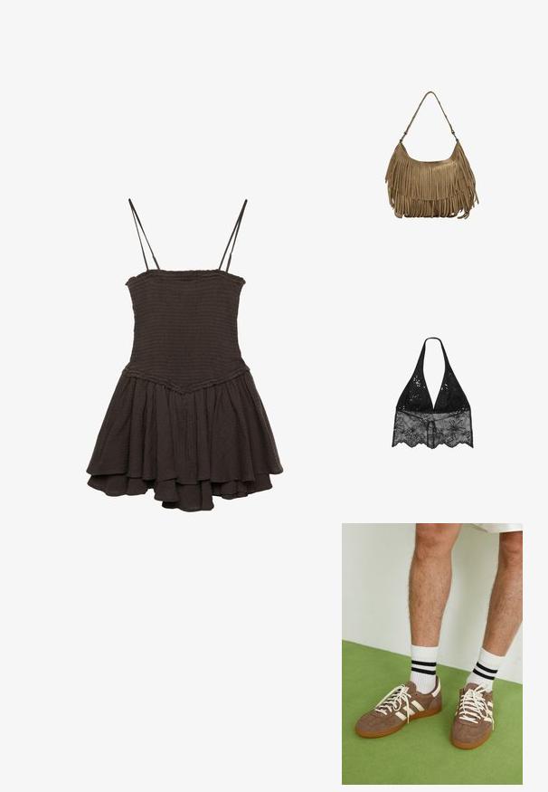 Schwarzes ärmelloses Kleid mit enganliegendem Oberteil, geraffter Textur und einem ausgestellt, geschichteten Rock mit einem Rüschensaum.; Stradivarius HALTER WITH EMBROIDERY - Bluse - black; Braune Wildleder-Sneaker mit weißen Akzenten und Schnürsenkeln. Gummisohle in Kautschuk-Optik. Getragen mit weißen Socken, die schwarze Streifen haben. Grüner strukturierter Fußboden.; Braune Wildleder-Handtasche mit langen Fransen, einer geschwungenen Form und einem einzelnen Schultergurt. Verfügt über eine glatte, strukturierte Oberfläche.