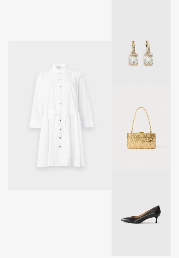 Biela košeľová šaty s mandarinovým golierom, dlhými rukávmi, zúženým pásom so stuhou a kontrastnými čiernymi gombíkmi na prednej strane.; Čierny kožený podpatek s špicatou špičkou, nízkym opätkom a hladkým povrchom. Obsahuje mierne otvorenie vpredu a minimálne kovové detaily na zadnej strane.; Zlatá flitrová listová taška s obdĺžnikovým tvarom, vybavená skrúteným reťazovým držadlom a kovovým uzatváraním, odrážajúca svetlo s textúrovaným povrchom.; Náušnice v zlatej farbe, ktoré majú obdĺžnikový, transparentný kryštál visiaci pod radom malých, guľatých, čírych akcentov. Elegantný, moderný dizajn.