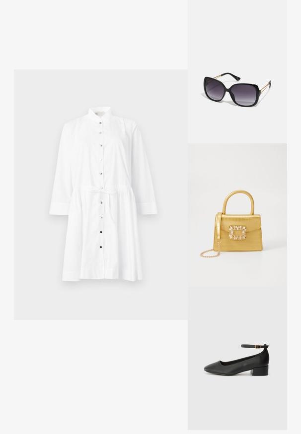 Balta krekliņa kleita ar mandarina apkakli, garām piedurknēm, savilktu jostasvietu ar saiti un kontrastējošiem melniem pogām gar priekšpusi.; Melnas ādas sūkņi ar smailu purngalu un zemu bloku papēdi. Iezīmēts ar potītes siksniņu ar zelta krāsas sprādzi. Gluda tekstūra.; Melni pārmērīgi lieli saulesbrilles ar gradāciju lēcām, biezām rāmja malām un zeltainas krāsas ķēžu detaļām uz tempļiem.; Dzeltena mākslīgā krokodila roku soma ar strukturētu dizainu, augšējo rokturi, noņemamu ķēdes siksniņu un dekoratīvām kristāla rotājumiem aizdares daļā.