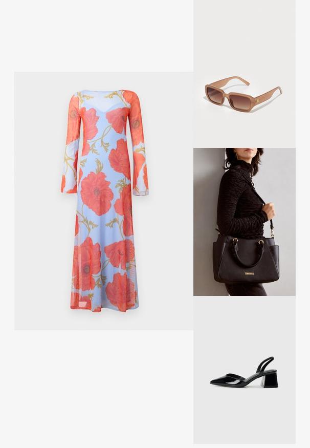Dlouhý rukáv šaty z průhledné tkaniny s světle modrým pozadím a živou červenou květinovou potiskem máků, s akcenty zlatých listů.; Černé lakované kožené lodičky na pásku s špičatou špičkou a geometrickým blokovým podpatkem. Vyznačují se elegantním, minimalistickým designem a hladkým povrchem.; Hnědé obdélníkové sluneční brýle s gradientovými skly, silnými rámy a logem na bocích. Hladký plastový materiál, minimalistický design.; Černá kabelka s texturovaným povrchem, dvojitými horními uchy a nastavitelným ramenním popruhem. Obsahuje zlaté kovové prvky a boční kapsy.