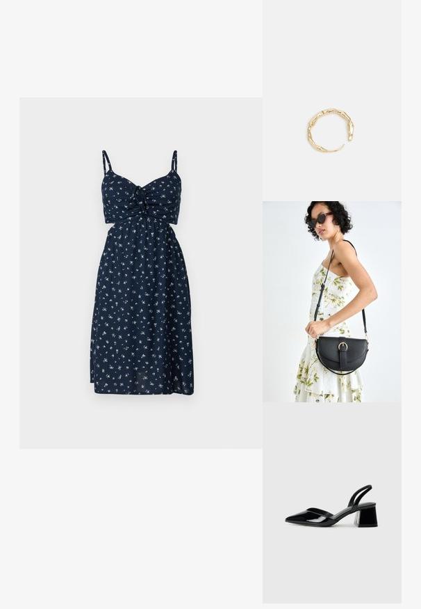 Temno modra cvetlična obleka s prilegajočim bodicem, nastavljivimi naramnicami in nabranim pasom, z majhnimi belimi cvetličnimi motivi po vsej obleki.; Črne lakirane slingback pete s koničastim nosom in geometrijsko blokasto peto. Imajo eleganten, minimalističen dizajn in gladko teksturo.; Črna usnjena torbica s ukrivljeno obliko, z odstranljivo naramnico in zlatimi dodatki. Torbica ima pokrov s podrobnostmi v obliki zaponke.; Zlati prstan s organskim, zvitim dizajnom, gladko površino in taperiranimi konci, ki ustvarja modernega, skulpturalnega videza.