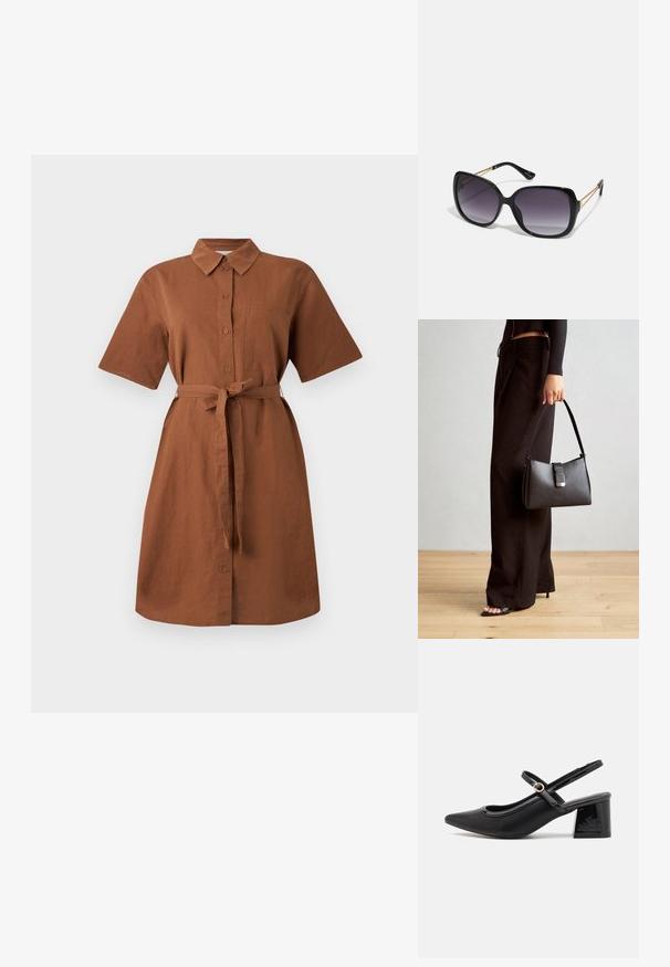 Brūns lina krekliņš kleita ar īsām piedurknēm, pogu priekšpusi, apkakli un noņemamu jostu. Iespējas ietver krūšu kabatu un ceļgala garumu.; Melns patentēts ādas sandales ar norādīta pirksta formu, noapaļotu izgriezuma dizainu un bloķētu papēdi. Iezīmēta ar zelta toņa sprādzi.; Melni pārmērīgi lieli saulesbrilles ar gradāciju lēcām, biezām rāmja malām un zeltainas krāsas ķēžu detaļām uz tempļiem.; Melnā somiņa ar strukturētu formu, gludu tekstūru un metālu sprādzi. Saskaņota ar platām melnām biksēm un sandālēm ar atvērtu purngalu uz koka grīdas.