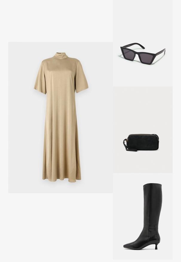 Rochie bej, până la genunchi, cu gât înalt și mâneci scurte. Confecționată dintr-un material neted, având o croială lejeră și un design simplu.; Zign Cizme - black; Ochelari de soare negri, unghiulari, cu lentile gri; fabricați din plastic, având brațe groase cu o suprafață netedă și fără hardware vizibil.; Geantă de mână din suede negru, cu închidere cu fermoar și bretea detașabilă pentru încheietura mâinii. Dispune de accesorii din metal aurit și o textură netedă, mată.