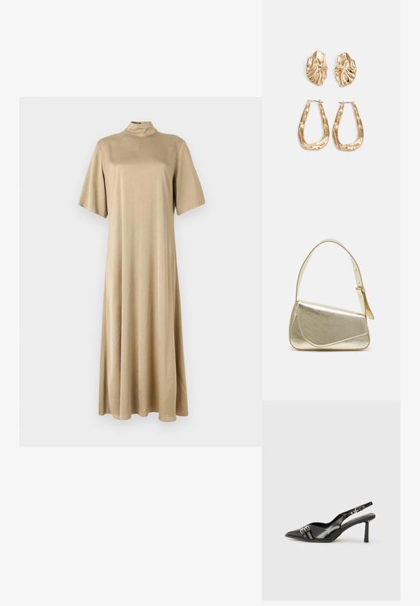Bež haljina do koljena s visokim ovratnikom i kratkim rukavima. Izrađena od glatkog materijala, s ležernim fitom i jednostavnim dizajnom.; Crna lakirana slingback cipela s izduženim vrhom, remenčićima oko gležnja s srebrnim kopčama i dijelovima, te vitkim potplatom.; Zlatna metalna torba s uređenim dizajnom, glatkom teksturom i podesivim remenom. Ima jedinstven trokutasti oblik i minimalističko šivanje.; Naušnice zlatne boje s teksturiranim, valovitim oblicima. Uključuju skulpturalne kopče i dizajn otvorene kružnice s kovanom završnom obradom.