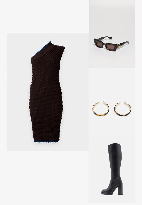 Brūna adīta kleita ar teksturētu virsmu un vienu plecu. Ievērojama zilā ribota apkakle un viļņota apakšmala.; Melnas ceļgala augstuma zābaki, gluda ādas materiāla, masīls papēdis, noapaļota purna daļa, teksturēta zole ar saķeri, glīts dizains bez rotājumiem.; Melna bruņurupuču stila sauļošanās brilles ar taisnstūra lēcām, brūnu toņu, biezām rāmēm un zelta dubulto-G logo detaļu uz tempļa.; Zelta toņa riņķveida auskari ar bruņurupuču raksta sveķu ārējo malu, ar gludu apdari un elegantu, apaļu formu.