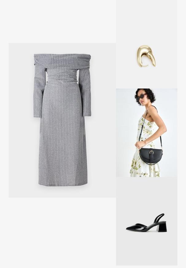 Švelniai pilkas suknelė be petnešų, su subtiliomis vertikaliomis juostelėmis, liemens prigludimu, ilgomis rankovėmis ir laisvu siluetu. Minkšta audinio tekstūra.; Juodos lakuotos odinės šlepetės su smailiu pirštu ir geometriniu bloko kulnu. Turi elegantišką, minimalistinį dizainą ir lygų paviršių.; Juodas odinis krepšys su išlenkta forma, nuimamu dirželiu ir auksiniais detalėmis. Krepšys turi kilpą su sagtimi.; Aukso tono metalinės auskarai su stilingu, kreiviu dizainu. Išsiskiria ryškiu smailiu pavidalu, poliruota paviršiumi ir užsegimu su vyriu.