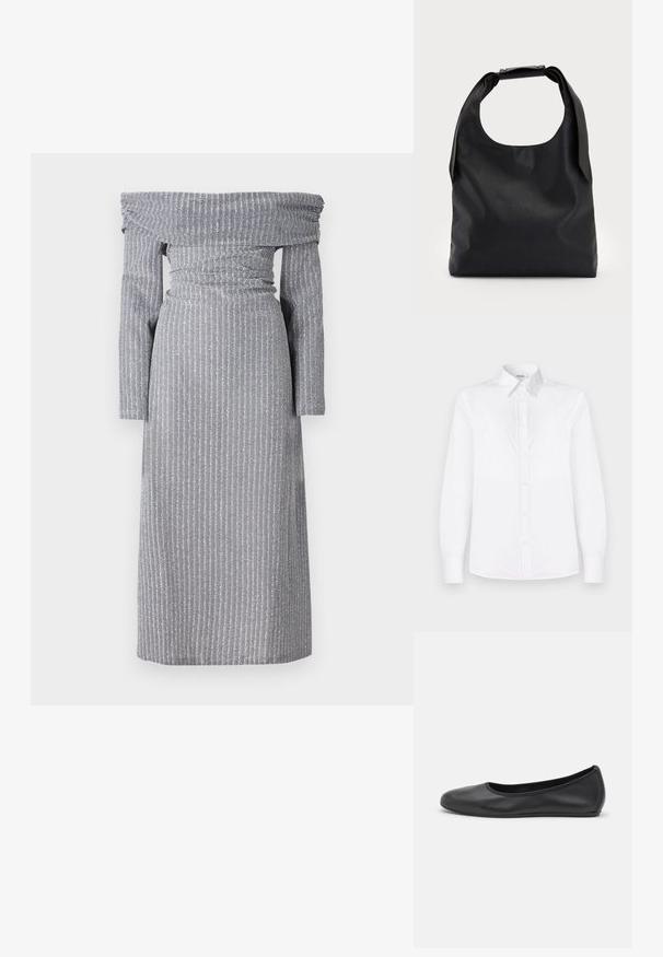 Obleka brez naramnic v svetlo sivi barvi z diskretnimi navpičnimi črtami, z ožjim pasom, dolgimi rokavi in tekočo silhueto. Mehka tekstura tkanine.; Bela dolga majica z dolgimi rokavi iz gladkega materiala, ki ima ovratnik in sprednje zapiranje na gumbe s svetlo roza gumbi.; Črne usnjene balerinke z zaobljenim nosom, gladko teksturo, minimalnimi šivi in fleksibilno zasnovo podplata.; Črna usnjena torba hobo z enim mehkobnim, okroglim ročajem; ima gladko teksturo in minimalističen dizajn. Brez vidnih kovinskih delov ali poudarkov.