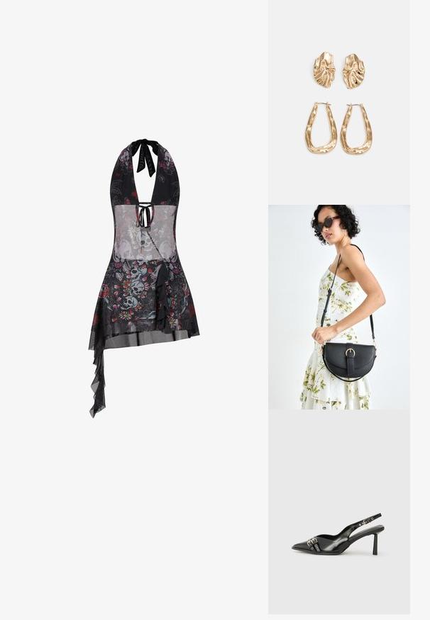 Ed Hardy WOMENS SKULL AND FLOWERS HALTER NECK MINI - Freizeitkleid - black; Schwarzer Lackleder Slingback-Schuh mit spitzem Zehenbereich, Knöchelriemen mit silbernen Schnallen und Beschlägen sowie einem schlanken Absatz.; Schwarze Lederhandtasche mit geschwungener Form, abnehmbarem Tragegurt und goldenen Beschlägen. Die Tasche verfügt über einen Deckel mit einer Schnallen-Details.; Ohrringe in Goldoptik mit strukturierten, gewellten Formen. Beinhaltet skulpturale Clip-Ohrringe und ein offenes Hoop-Design mit gehämmertem Finish.