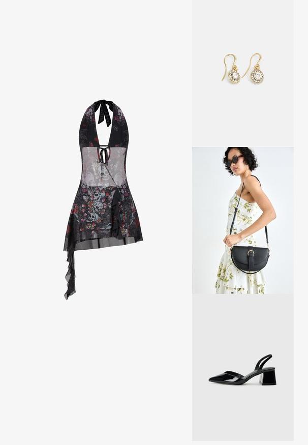 Ed Hardy WOMENS SKULL AND FLOWERS HALTER NECK MINI - Denní šaty - black; Černé lakované kožené lodičky na pásku s špičatou špičkou a geometrickým blokovým podpatkem. Vyznačují se elegantním, minimalistickým designem a hladkým povrchem.; Černá kožená kabelka s křivkovým tvarem, odnímatelným popruhem a zlatými detaily. Kabelka má klopu s přezkou.; Náušnice ve zlatém tónu s oválnými průhlednými krystaly obklopenými menšími průhlednými kameny, se zapínáním na háček pro bezpečné nošení.