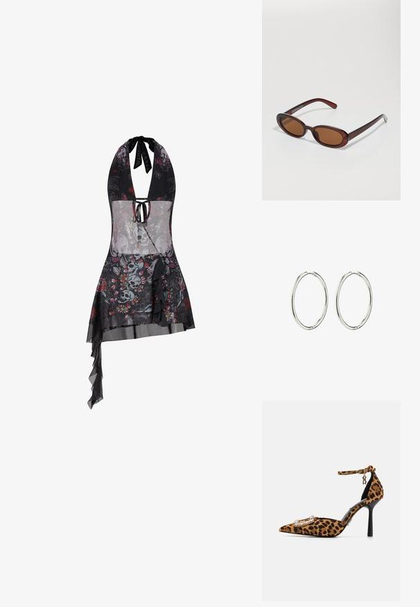 Ed Hardy - Sukienka letnia; Czółenka na wysokim obcasie w wzór z panterą, z ostrym noskiem, aksamitną teksturą, z paskiem na kostkę oraz z zapięciem ozdobionym kryształami. Czarne szpilki.; Okrągłe, brązowe okulary przeciwsłoneczne z błyszczącą bordową oprawą. Cienkie ramiona z subtelnym detalem marki. Płaski kształt soczewek.; Srebrne kolczyki w formie kółek z gładkim, polerowanym wykończeniem. Okrągły kształt, lekkie wykonanie, z bezpiecznym mechanizmem zapięcia.