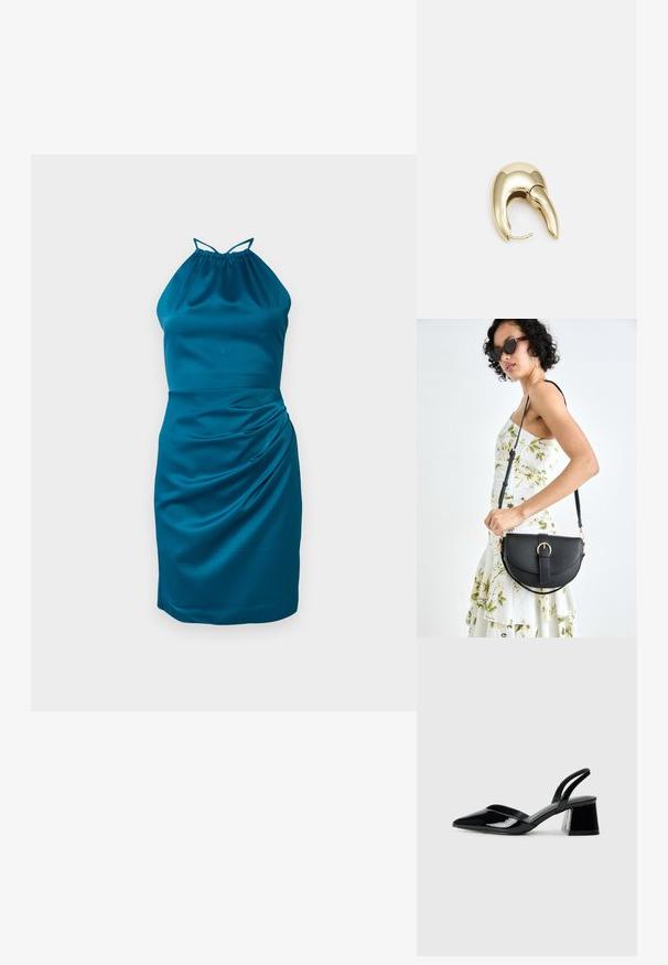 Vestido halter em tom teal, confeccionado em tecido suave, com detalhe drapeado de lado e decote franzido, silhueta ajustada e comprimento até ao joelho.; Sandy em verniz preto com salto slingback, ponta afilada e salto geométrico. Apresenta um design elegante e minimalista com textura suave.; Bolsa de couro preta com forma curva, alça destacável e detalhes em dourado. A bolsa possui uma aba com detalhe de fivela.; Brinco em metal dourado com um design elegante e curvo. Apresenta uma forma pontiaguda distinta, superfície polida e fecho por dobradiça.