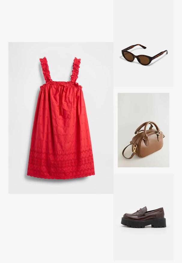 Vestido rojo sin mangas con tirantes con volantes, cintura elástica y patrón floral bordado, con un dobladillo en forma de ondas.; Madden Girl CALISTA - Zapatos sin cordones - brown; Gafas de sol de carey marrón con una forma vintage de ojo de gato y lentes marrones. Presentan brazos curvados con acentos rojos.; Next BOWLER CHARM - Bolso de mano - tan brown