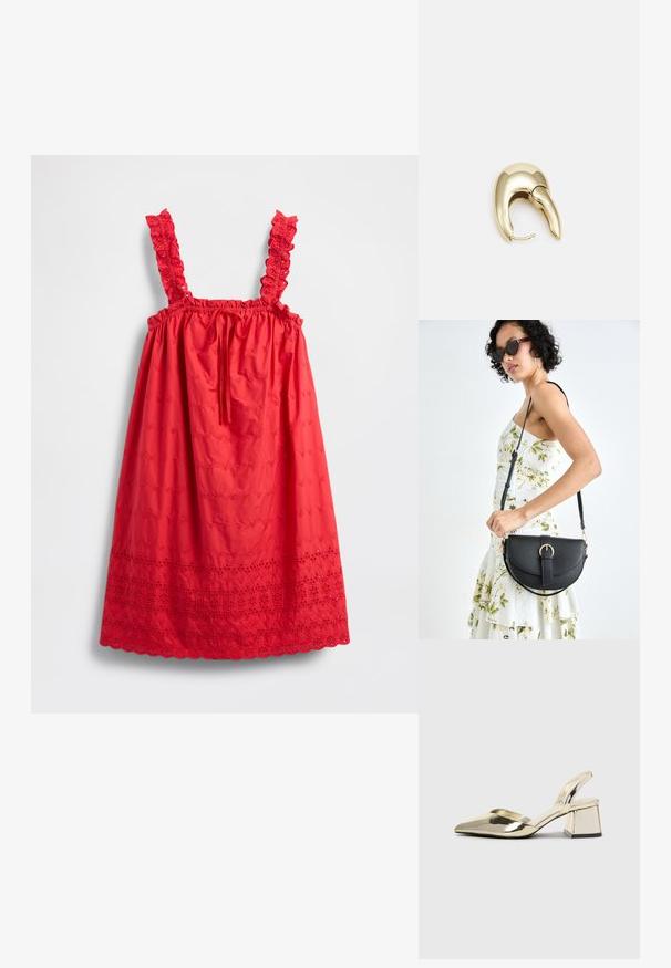 Rode mouwloze jurk met gerimpelde bandjes, elastische taille en geborduurd bloemenpatroon, met een golvende zoom.; Gouden, metalen slingback hakken met een spitse neus en een chunky hak. Glad oppervlak, minimalistisch ontwerp en een smalle band.; Zwarte leren handtas met een gebogen vorm, afneembare schouderband en gouden hardware. De tas heeft een klep met een gespsluiting.; Gouden metalen oorbel met een slank, gebogen ontwerp. Beschikt over een kenmerkende puntige vorm, gepolijste oppervlakte en scharnier sluiting.