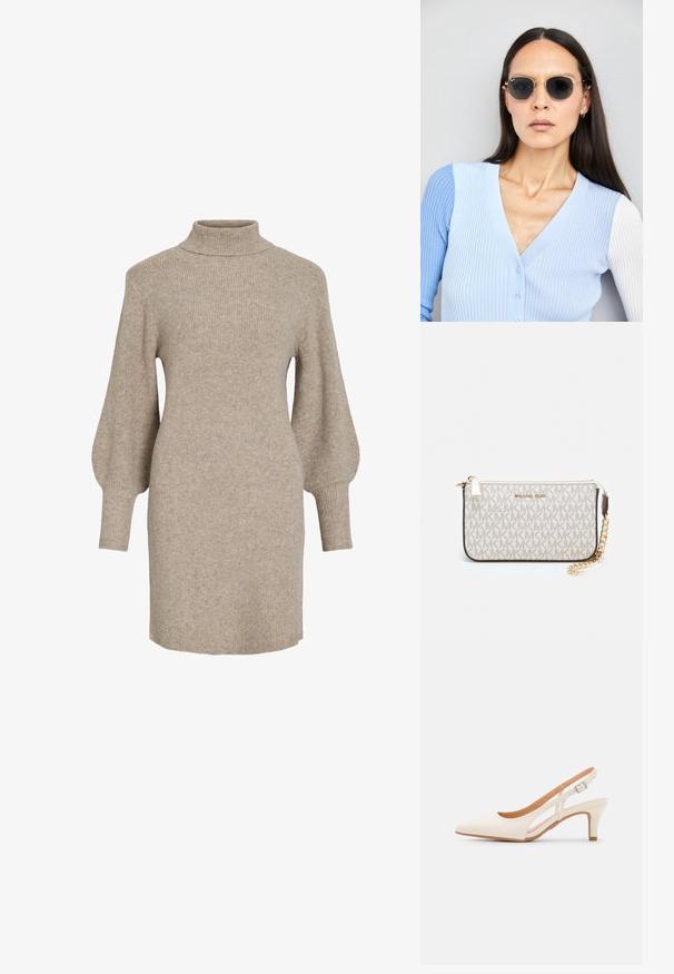 Rochie pulover bej din tricot cu model în relief, guler înalt și mâneci bufante, având o textură moale și lungime până la mijlocul coapselor.; Sandaie cu toc alb, cu vârful ascuțit, material superior neted, toc mic tip bloc și design cu decupaj lateral, cu curea ajustabilă.; Ochelari de soare rotunzi cu lentile întunecate și rame aurii. Modelul poartă un cardigan ribbed de culoare albastru deschis cu nasturi și mâneci albe în contrast.; Clutch Michael Kors din canva acoperit bej, cu un model repetitiv al logo-ului MK, accesorii din aur și o curea cu lanț detașabil.