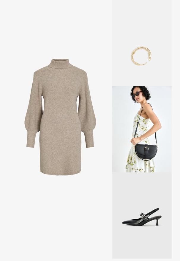 Smėlio spalvos megzta suknelė su juostelėmis, aukštu kaklu ir pūstomis rankovėmis, pasižyminti minkšta faktūra ir vidutinio ilgio iki šlaunų.; Juodai lakuoti slingback aukštakulniai su smailiu kojų pirštu ir mažais blokiniais kulniukais, su sidabro sagtimi ant dirželio.; Juodas odinis krepšys su išlenkta forma, nuimamu dirželiu ir auksiniais detalėmis. Krepšys turi kilpą su sagtimi.; Auksinės spalvos žiedas, turintis organišką, sukimosi dizainą su lygiu paviršiumi ir siaurėjančiais galais, sukuriantis modernią skulptūrinę išvaizdą.