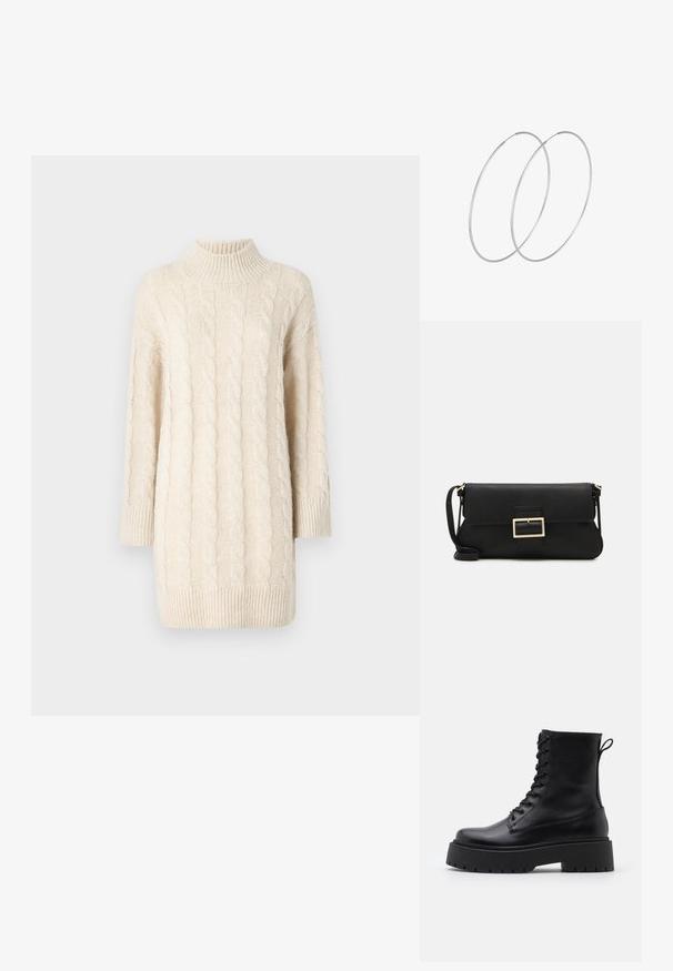 Krémový svetr s pleteným vzorem, vysokým límcem, tříčtvrtečními rukávy a ribkovaným lemem. Obsahuje texturované vzory a volný střih.; Černé kožené kotníkové boty s kulatou špičkou, šněrováním na přední straně a silnou gumovou podešví s texturovaným vzorkem. S poutkem vzadu.; Černá kožená psaníčko s klopou a zlatým kovovým detailním sponou. Součástí je černý popruh a elegantní, minimalistický design.; Stříbrné kruhové náušnice s minimalistickým designem. Kruh, hladký povrch a tenký profil. Lehká konstrukce s lesklým povrchem.