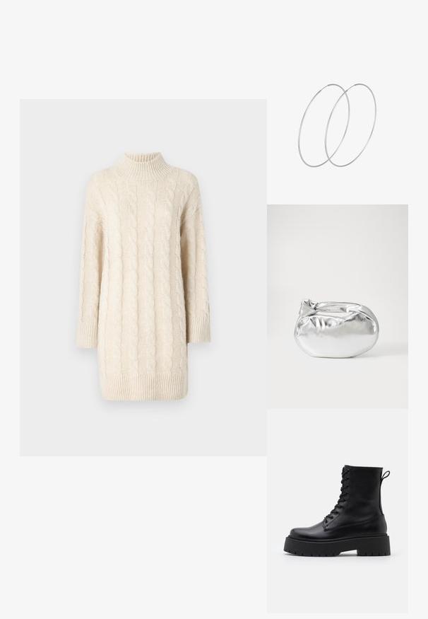 Kreem värvi kabeli kudumisega sviiter kõrge kraega, kolme-neljandiku varrukatega ja soonikuga servaga. Omab tekstuurilisi mustreid ja lahedat lõiget.; Mustad mustad nahast pahkluu saapad ümarate varvastega, nööridega esiosas ja paksu kummist talla ning tekstuuritud mustriga. Tagumine tõmbeaas.; Hõbedane metallikoti kott pehme, ümar kuju ja sõlme ülemise sulgemisega. Valmistatud siledast kunstnahast materjalist.; Hõbedased rõngastikkaehingad minimalistlikus disainis. Ümar kuju, sile tekstuur ja õhuke profiil. Kerged ning poleeritud viimistlusega.