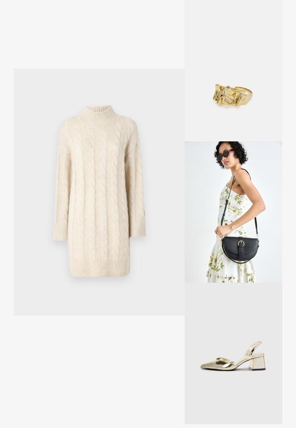 Maglione crema a lavorazione cable-knit con colletto alto, maniche tre quarti e orlo a costine. Presenta motivi testurizzati e una vestibilità ampia.; Tacchi slingback metallici color oro con punta appuntita e tacco grosso. Texture liscia, design minimalista e una cinghia stretta.; Borsa a tracolla nera in pelle con una forma curva, manico rimovibile e accessori dorati. La borsa presenta una patta con un dettaglio a fibbia.; Anello d'oro con design testurizzato e ondulato, caratterizzato da tre picchi prominenti. Superficie liscia e lucida con una fascia aperta per una vestibilità regolabile.