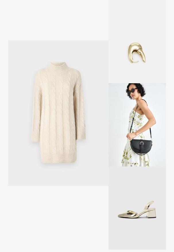 Krém színű, kötött pulóver magas gallérral, háromnegyedes ujjal és bordázott aljjal. Texturált mintákkal rendelkezik és laza szabású.; Arany, fémből készült slingback sarkú cipők hegyes orral és vastag sarokkal. Simaság, minimalista design és keskeny pánt jellemzi.; Fekete bőrtáska ívelt formával, levehető pánttal és arany színű fémrészekkel. A táskán egy csattal díszített fedél található.; Aranyszínű fém fülbevaló, elegáns, ívelt formával. Különleges hegyes alak, fényes felszín és zsanéros záródás jellemzi.