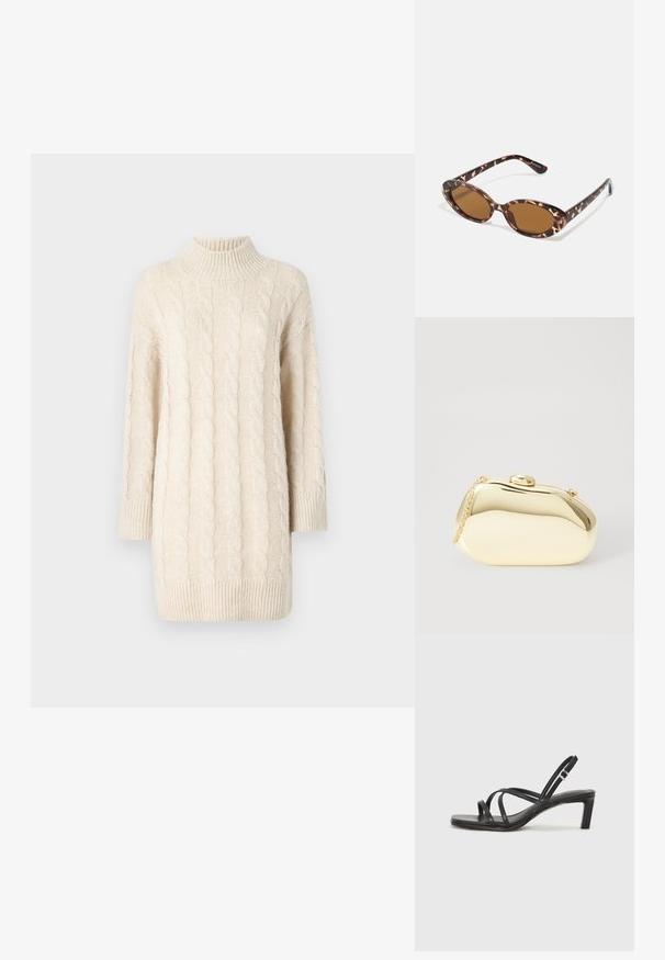 Pulover crem din tricot cu model tip cablu, cu guler înalt, mâneci trei sferturi și tiv zimțat. Prezentă modele texturate și o croială lejeră.; Sandal cu barete negre, cu vârf pătrat și toc mic de bloc. Prezintă mai multe barete subțiri și o bareta ajustabilă la gleznă. Fabricat din piele netedă.; Ochelari de soare cu mâneri tortoise, cu lentile ovale, cu nuanță maro, brațe subțiri ce au un model texturat, cadru din plastic ușor.; Clutch metalizat de culoare aurie, cu o formă netedă și rotundă, având un închizător tip buton în partea de sus și o curea mică pentru purtare.