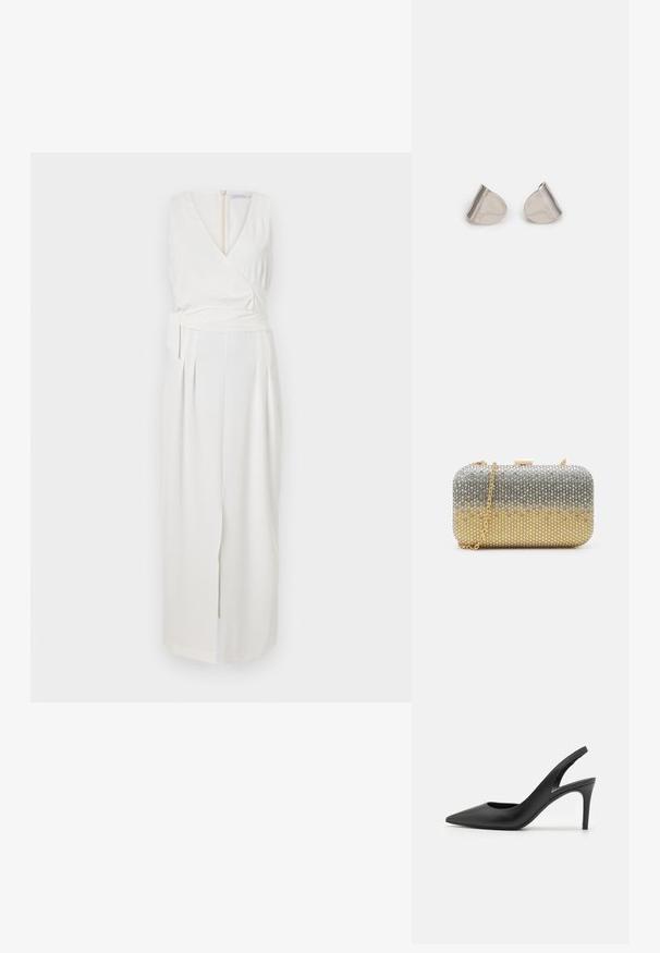 Balta berankovė suknelė su užsegimu, turinti V formos iškirpimą, šoniniu rišimu ir priekiniu plyšiu. Pagaminta iš lygaus audinio su raukiniais.; Juodos odinės šlepetės su aukštu kulnu ir ilgu smailiu nosiu, turinčios išpjovą priekyje ir ploną stiletą.; Mascara Delninukė - gold-coloured/silver-coloured; Sidabriniai metaliniai auskarai su lygiu, ašaros formos dizainu ir blizgiu paviršiumi. Subtilūs raižiniai prideda detalumo. Minimalistinis dizainas.