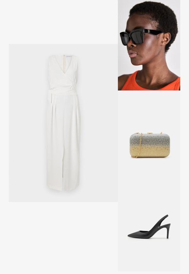 Biele bezrukávové šaty s prekrývaním, s výstrihom do V, detailom na bočnej viazanie a predným rozparkom. Vyrobené z hladkej látky s skladmi.; Čierne kožené slingback vysoké podpätky s dizajnom špicatých špičiek, s výrezom vpredu a tenkým stiletto podpätkom.; Čierne štvorcové slnečné okuliare s tmavými sklami, hrubými rámami a zlatým detailom loga na ramene. Nosené osobou v oranžovom tričku.; Mascara Listová kabelka - gold-coloured/silver-coloured