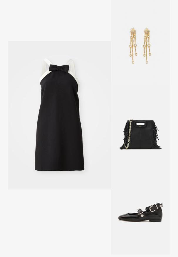 Čierne halter šaty s bielymi ramienkami a mašľou detailom na výstrihu. Hladká textura, dĺžka po kolená. Jednoduchý a elegantný siluet.; Čierne lakované baleríny so štvorcovou špičkou, remienkom okolo členka so striebornými prvkami a plochou podrážkou. Hladký povrch s minimalistickým dizajnom.; Čierna kožená kabelka s strapcami, zlatým reťazovým ramenným popruhom a vykrojenou rukoväťou. Na prednej strane sa nachádza logo.; Zlaté náušnice s mnohými kaskádovými reťazcami, ozdobené jasnými oválnymi kryštálmi a dekoratívnymi puzdrami.