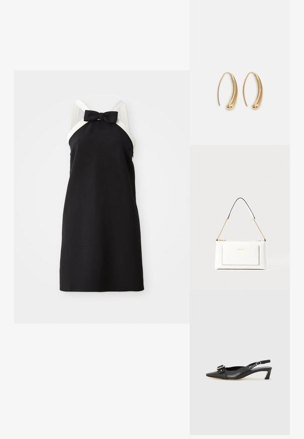 Must rinnaga must kleit valgete rihmade ja vöötkliendiga kaeluses. Sile tekstuur, põlvekõrgune disain. Lihtne ja elegantne siluett.; Must must nahk slingback kingad terava varbaga, väikese kontsaga ja dekoratiivse pandlaga ülaosas. Sile tekstuur, minimalistlik disain.; Valge nahast kott tekstureeritud viimistlusega, millel on kuldne kettling ja mustad aktsendid. Include eesmine tasku ja tõmblukk.; Kuldtoonilised metallist rõngas kõrvarõngad, millel on kõver ja piklik kuju. Omavad siledat, läikivat pinda ja ümarat tipptugevdust, mis lisab detaili.