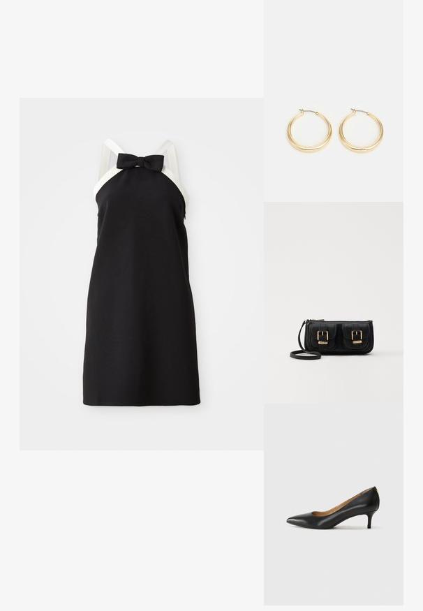 Robe noire à dos nu avec des bretelles blanches et un détail en nœud au niveau du col. Texture lisse, design arrivant au genou. Silhouette simple et élégante.; Pompe noire en cuir avec un embout pointu, un petit talon et une texture lisse. Présente une légère ouverture à l'avant et un matériel minimal à l'arrière.; Sac en cuir noir porté en travers avec deux poches avant, boucles dorées, fermeture zippée et une sangle fine. Surface texturée et forme rectangulaire compacte.; Boucles d'oreilles créoles en ton or avec un design lisse et arrondi, dotées d'une fermeture en fil fin et d'une finition polie pour un aspect brillant.