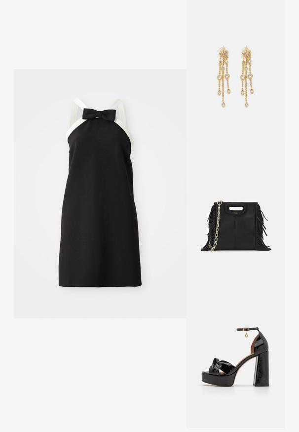 Rochie halter neagră cu bretele albe și un detaliu sub formă de fundă la decolteu. Textură netedă, design până la genunchi. Siluetă simplă și elegantă.; Maje Sandale cu toc - noir; Geantă de mână din piele neagră cu detalii din franjuri, curea de umăr din lanț auriu și un mâner cu tăietură. Prezintă plasarea logo-ului pe față.; Cercei aurii cu multiple lanțuri suspendate, având accente din rhinestone ovale clare și capete decorative cu tighel.